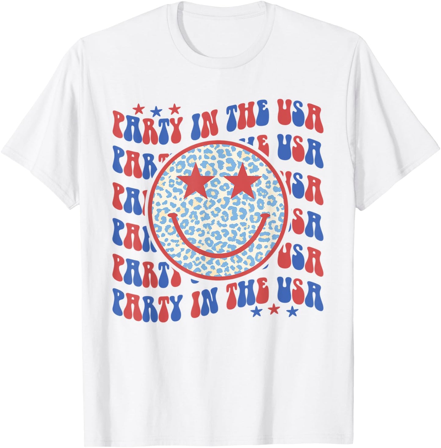 Party In The USA Happy Face Leopard Pattern 4th Of July T-Shirt - T-Shirt | White
