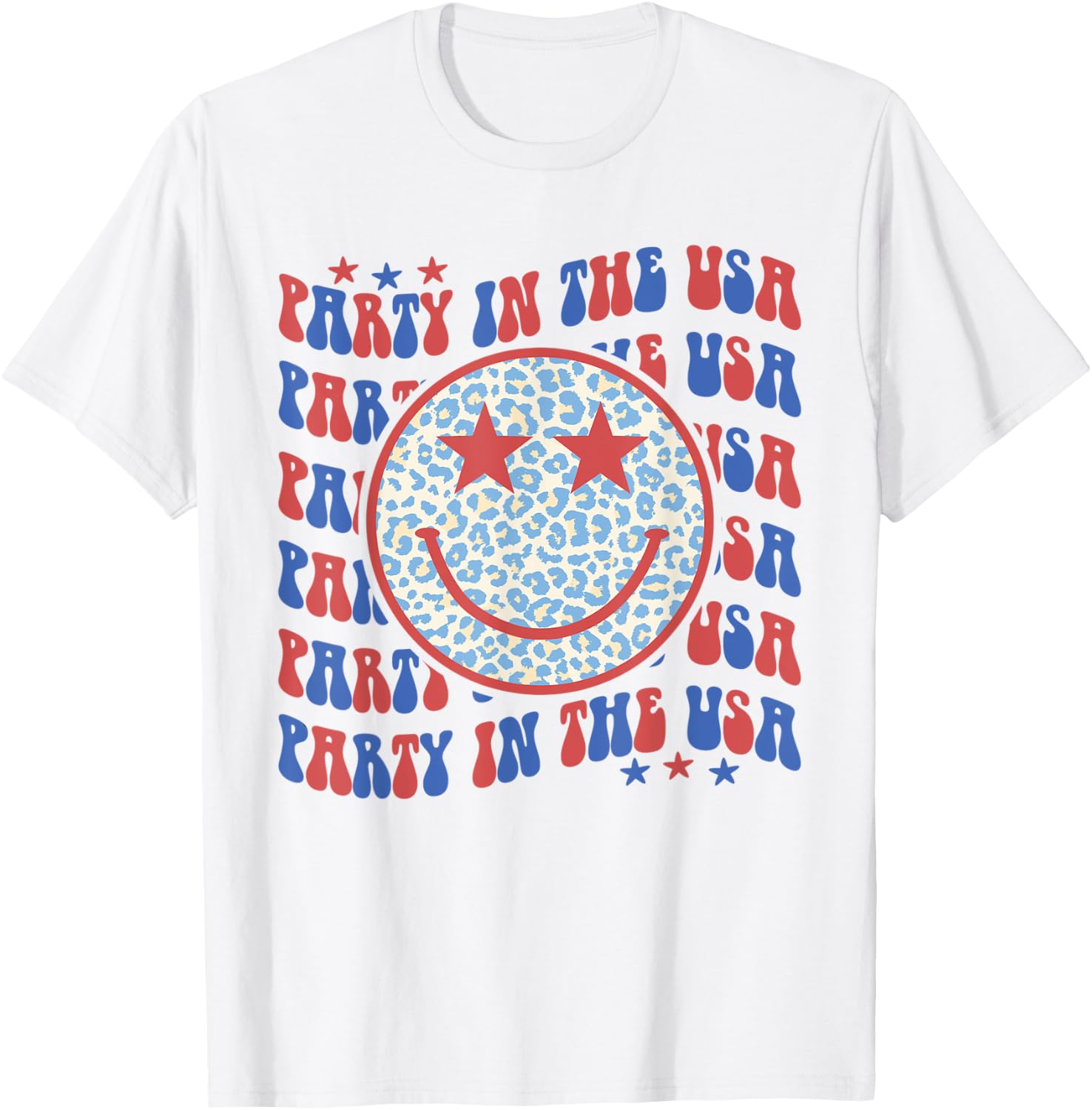 Party In The USA Happy Face Leopard Pattern 4th Of July T-Shirt - T-Shirt | White