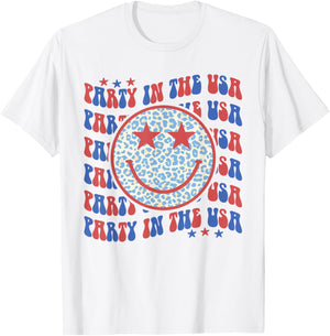 Party In The USA Happy Face Leopard Pattern 4th Of July T-Shirt - T-Shirt | White