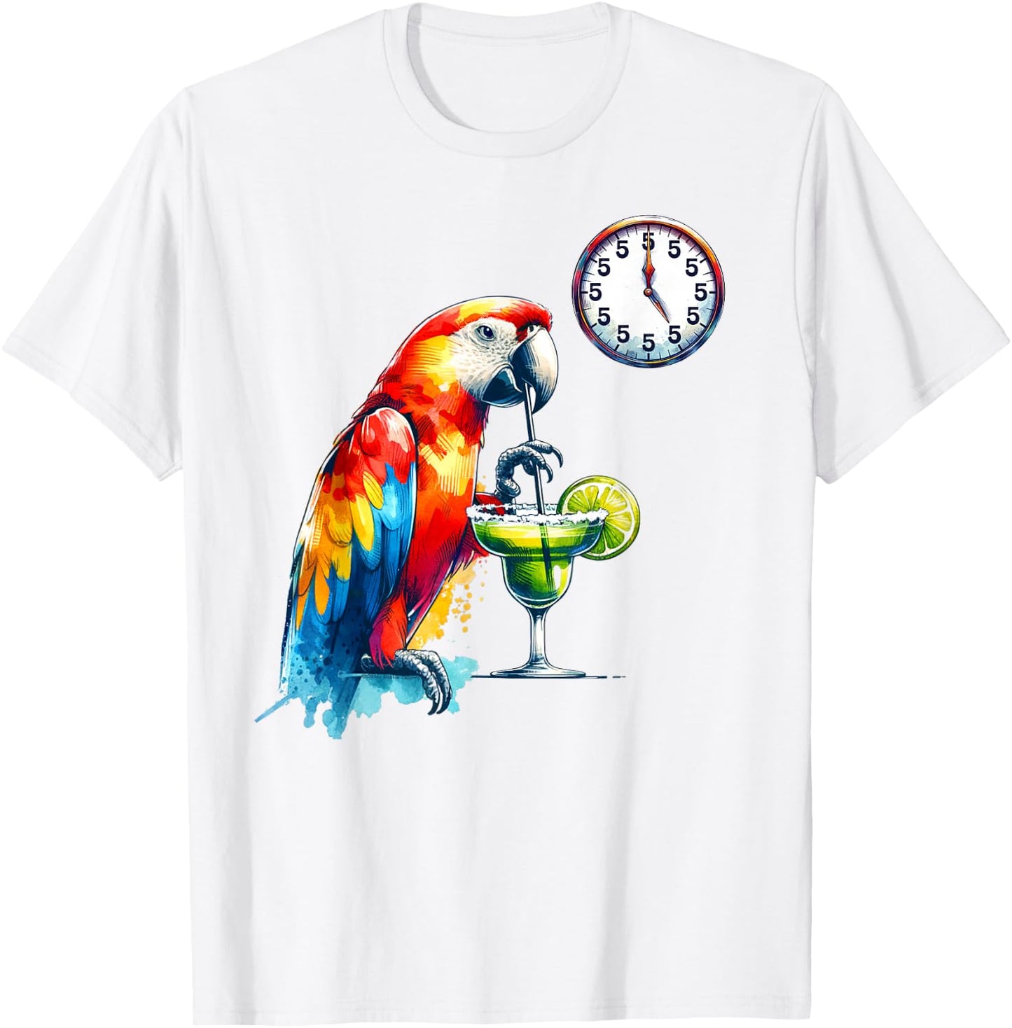 Always 5 O'clock Colorful Parrot Drinking Margarita T-Shirt - T-Shirt | White