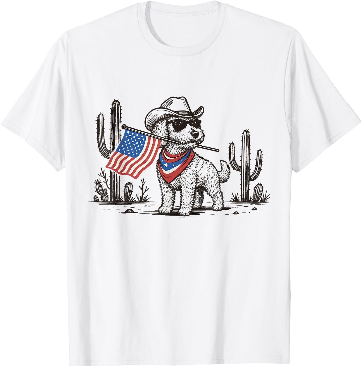 Patriotic Goldendoodle Western Cowboy American Flag T-Shirt - T-Shirt | White
