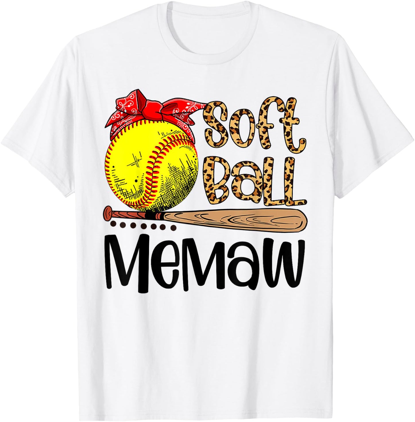 Women Mothers Day Softball Memaw Leopard T-Shirt - T-Shirt | White