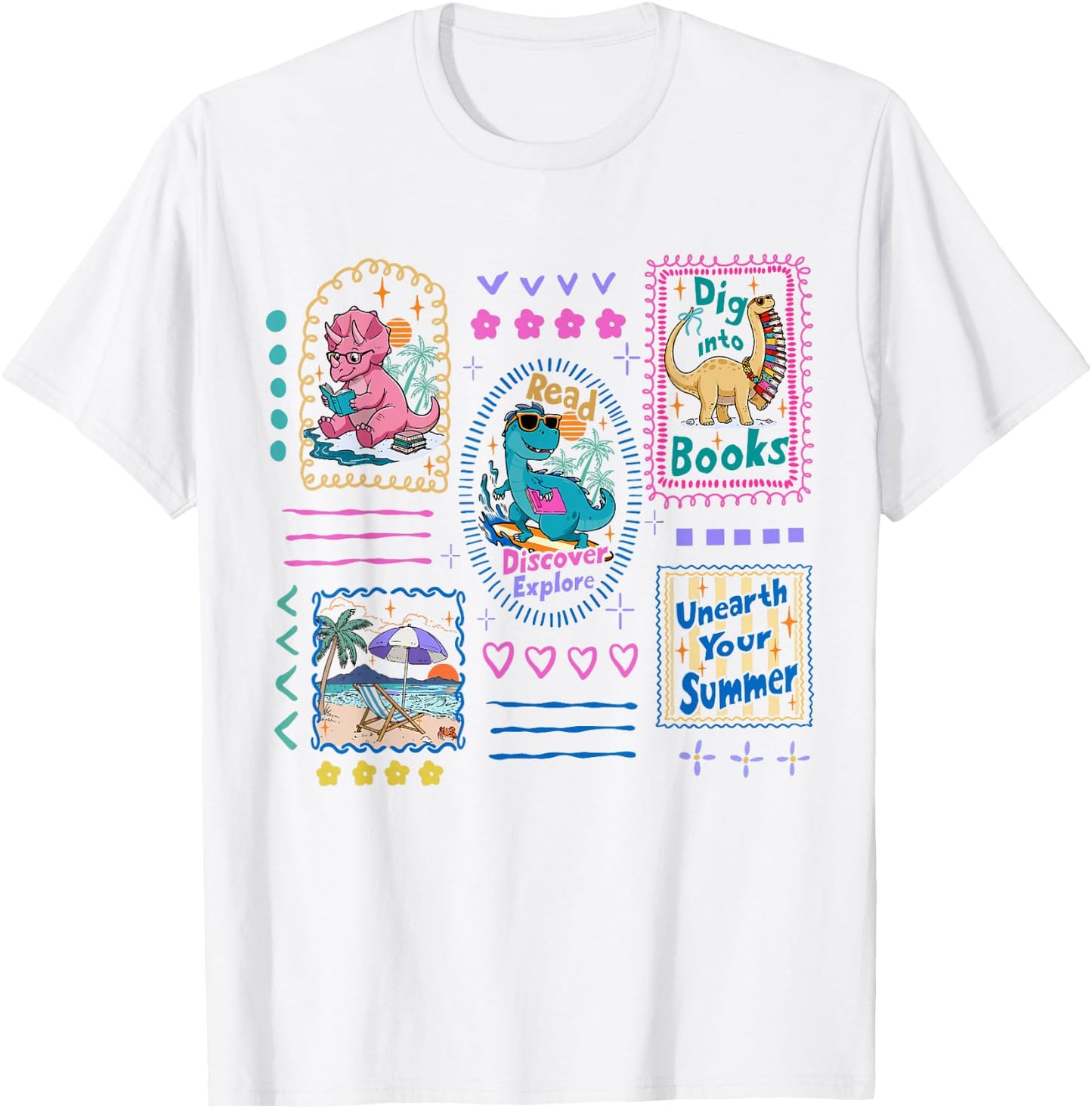 Dinosaur Reading Club Summer Book Lover Library Teacher Kids T-Shirt - T-Shirt | White