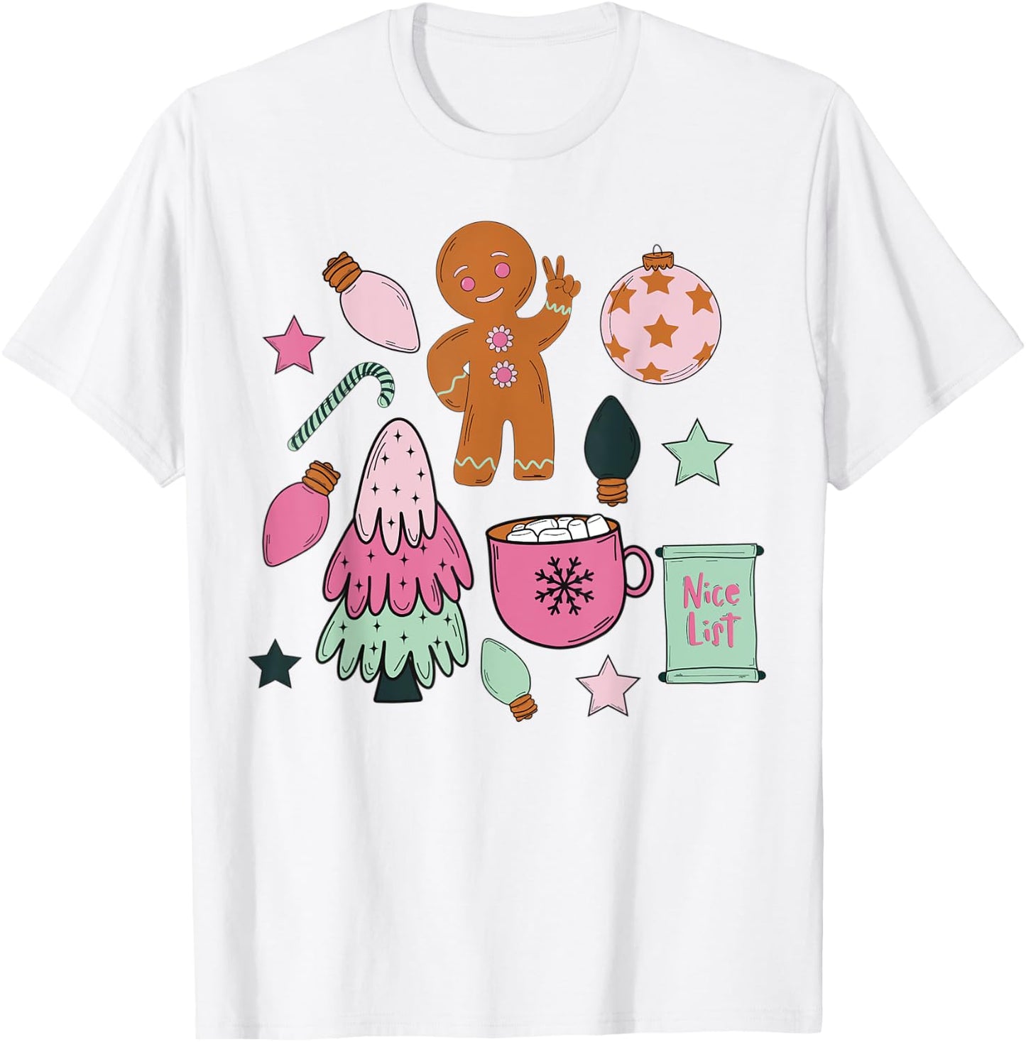 Groovy Merry Christmas Gingerbread Man Peace Sign Pastel T-Shirt - T-Shirt | White