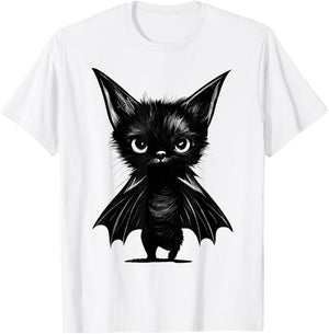 Halloween Grumpy Black Kitten in Bat Costume T-Shirt - T-Shirt | White