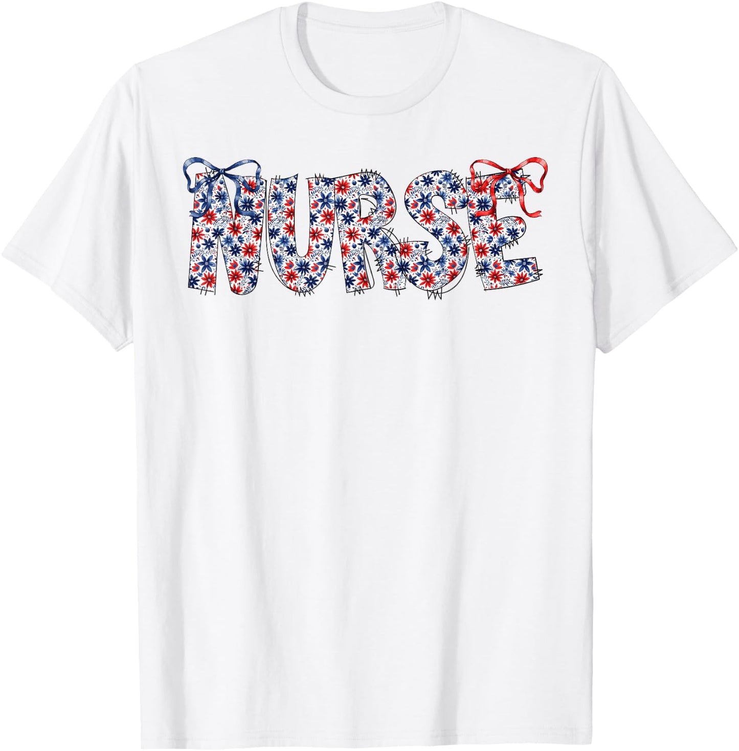 Groovy Cute Nurse Bows & Flowers USA Flag 4th Of July Women T-Shirt - T-Shirt | White