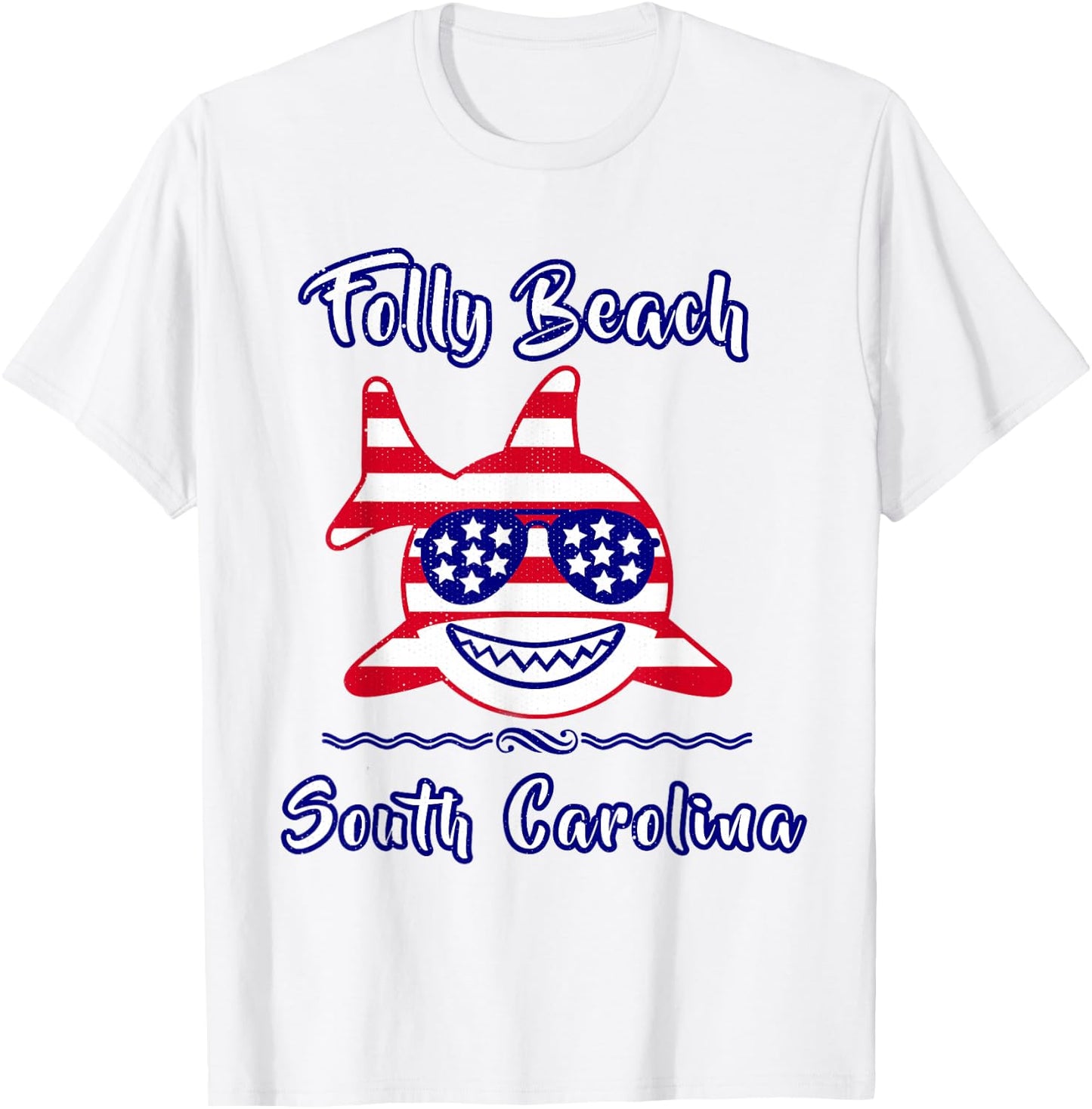 Folly Beach South Carolina Patriotic Coastal Shark Fish T-Shirt - T-Shirt | White