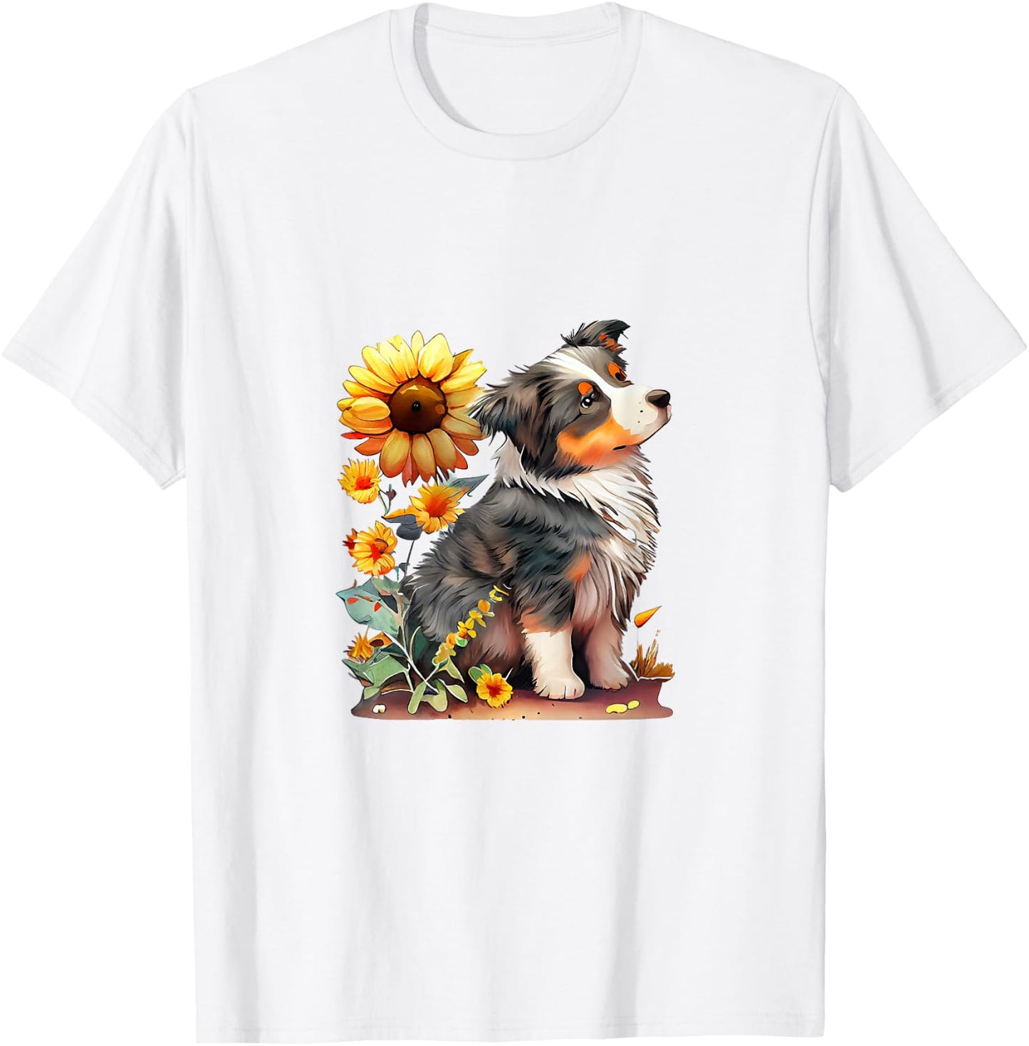 Vintage Sunflower Australian Shepherd Lover Flower Graphic T-Shirt - T-Shirt | White