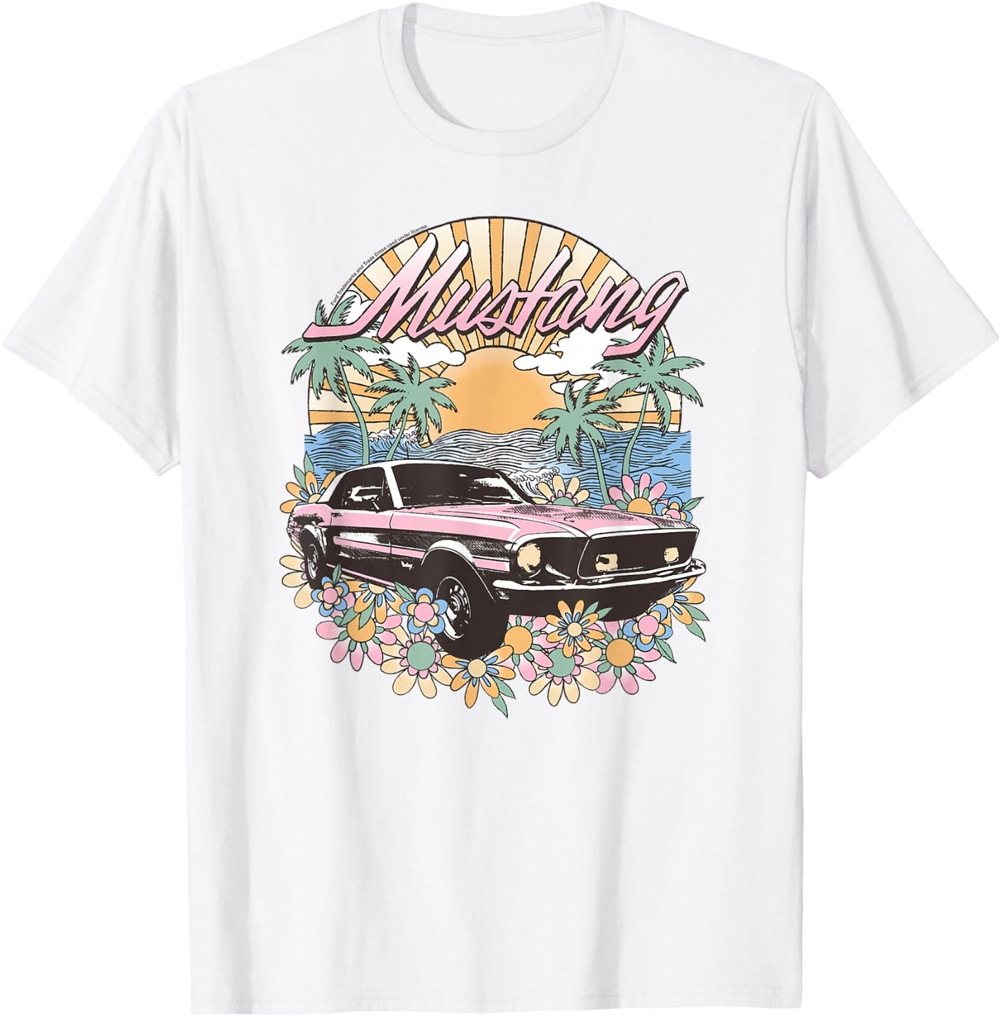 Ford – Vintage Pink Mustang Floral Beach Sunset Palm Trees , white, S T-Shirt - T-Shirt | White
