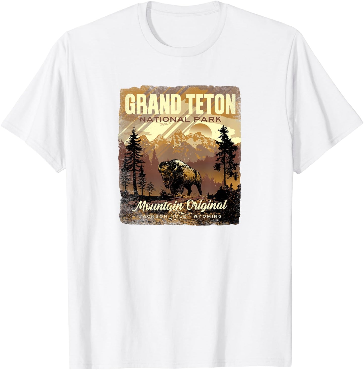Grand Teton National Park Bison Retro Graphic T-Shirt - T-Shirt | White