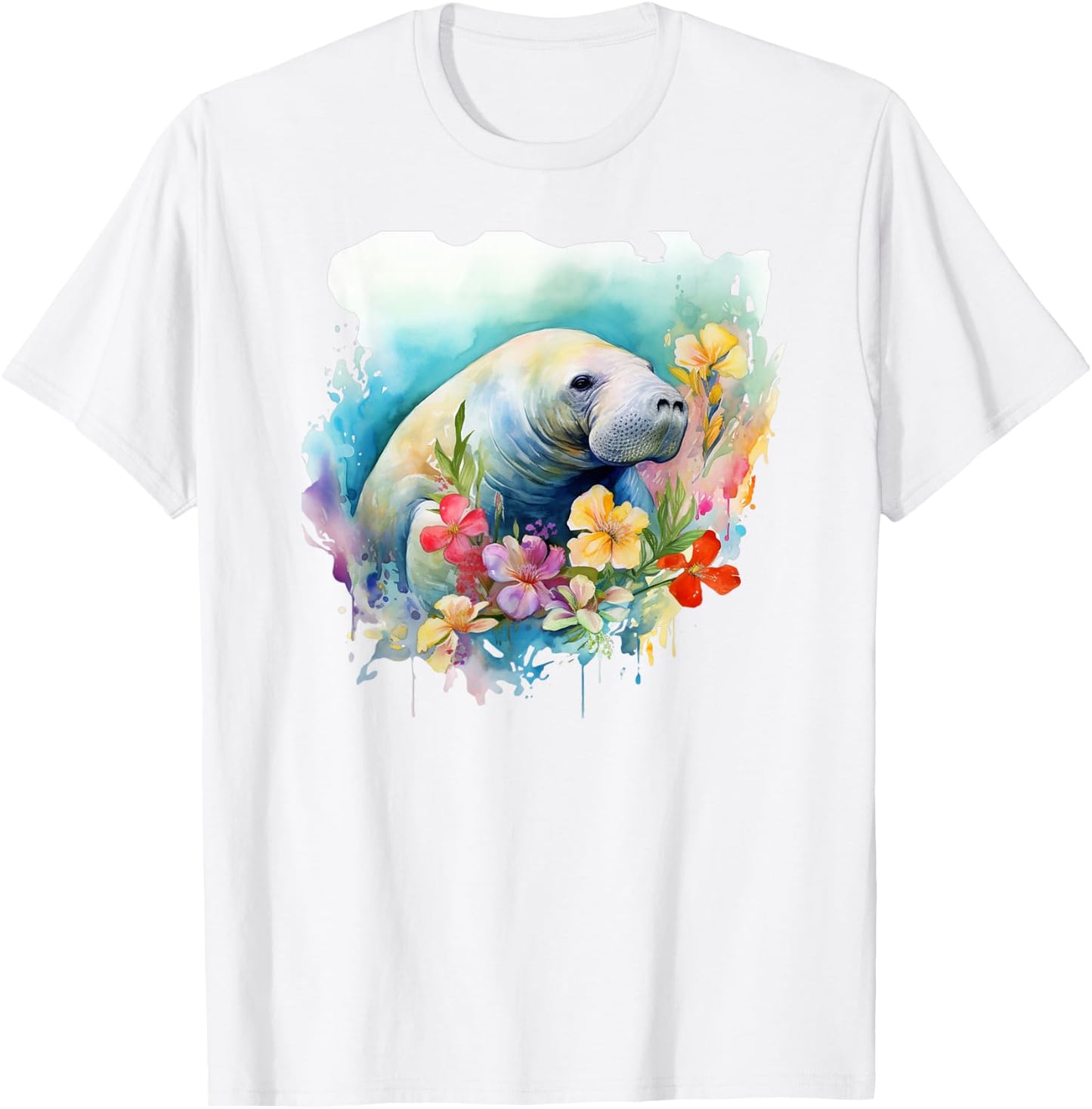 Manatee Floral Watercolor Painting T-Shirt - T-Shirt | White