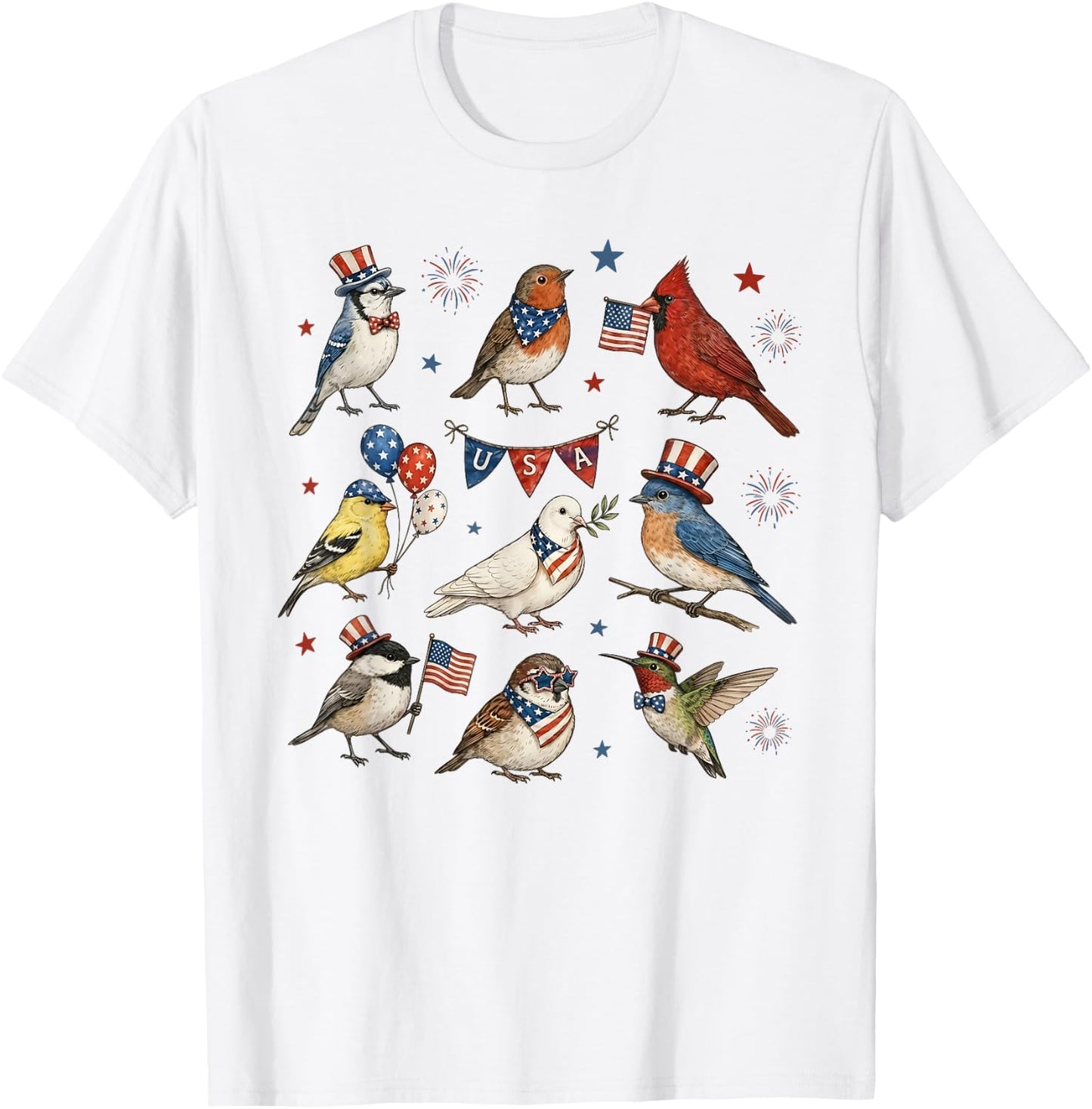 Patriotic Cute Birds 4th of July Bird Lover Independence Day T-Shirt - T-Shirt | White