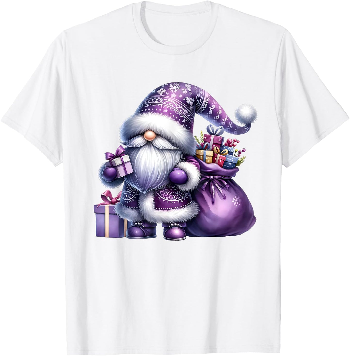 Purple Christmas Gnome With Santa Bag Men Xmas T-Shirt - T-Shirt | White