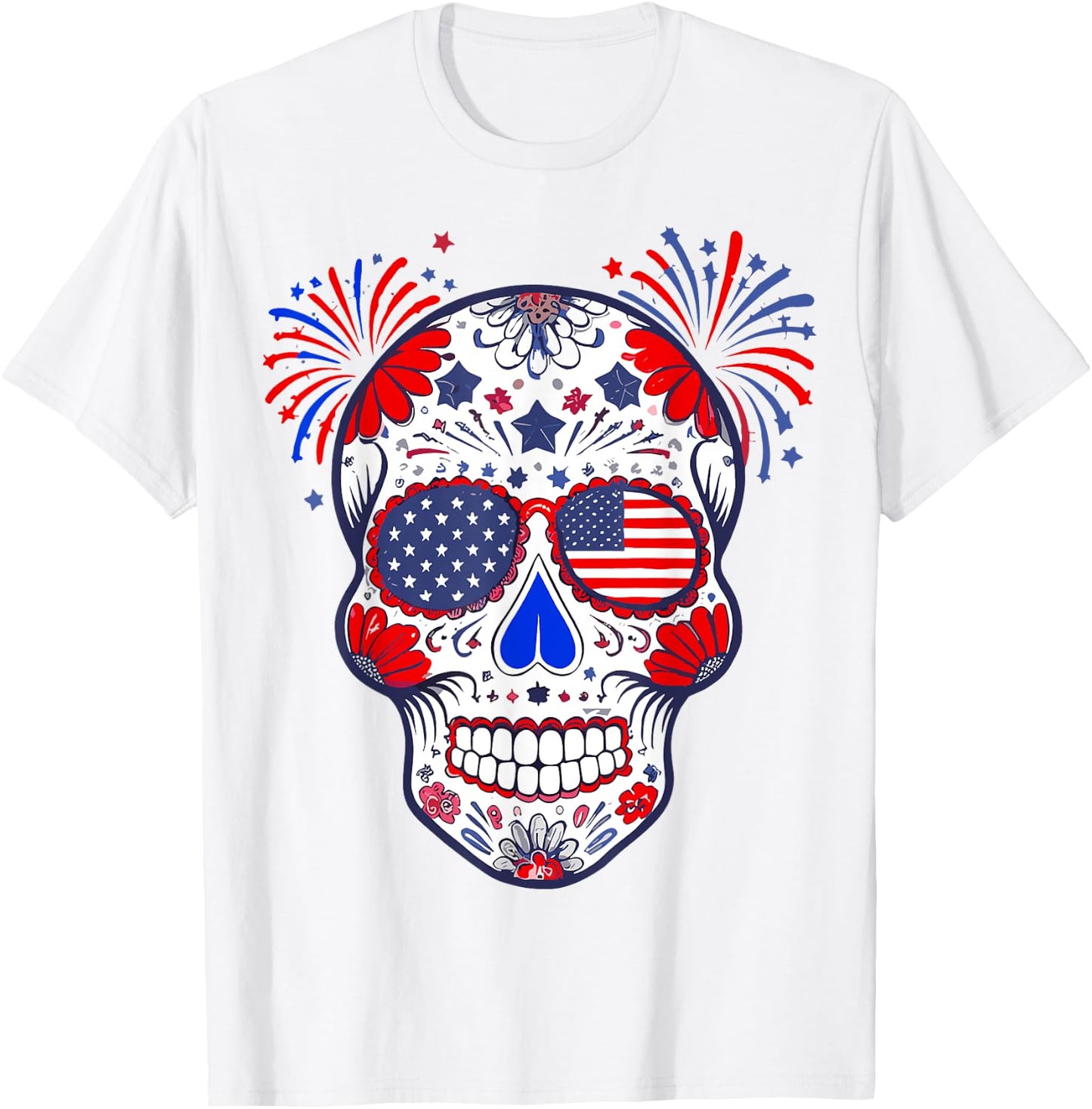 Sugar Skull Sunglasses USA Flag 4th of July Men Women T-Shirt - T-Shirt | White