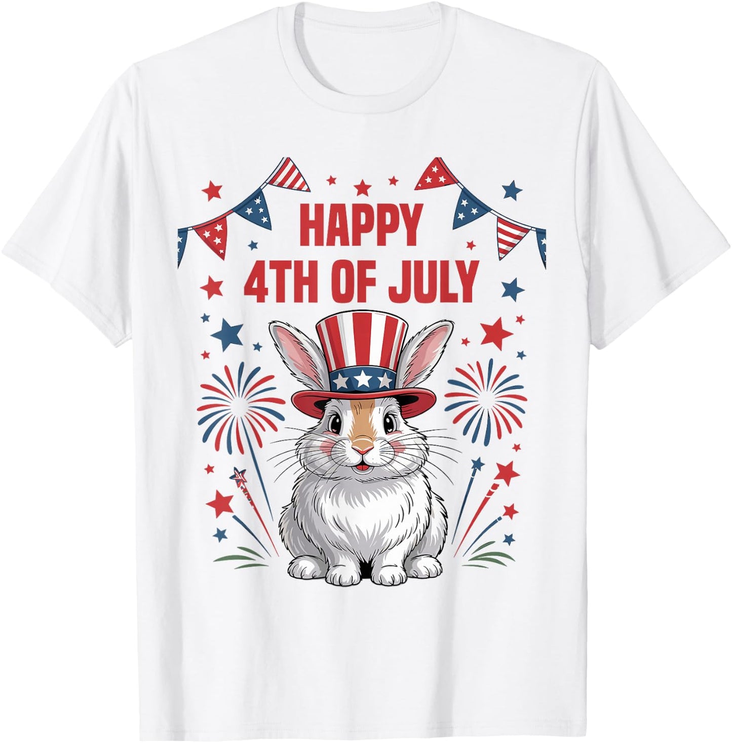 Happy 4th of July Patriotic Rabbit Animals Lovers Fireworks T-Shirt - T-Shirt | White