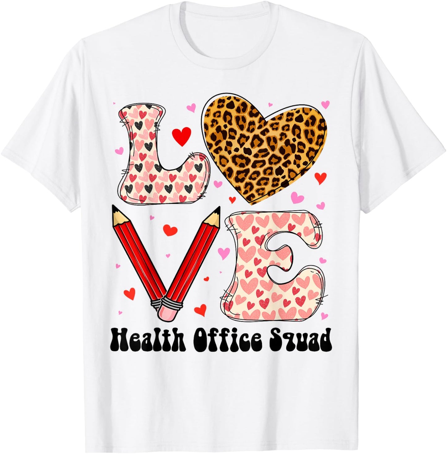 Health Office Squad Love Heart Leopard Plaid Valentines Day T-Shirt - T-Shirt | White