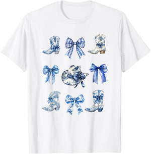 Toile Bow Shirt Blue Coquette Bow Cowboy Cowboy Hat Boots T-Shirt - T-Shirt | White