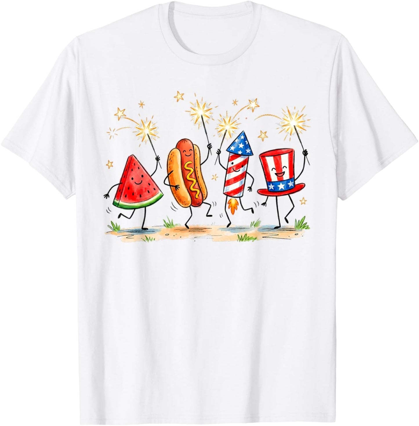 Patriotic Watermelon Hotdog Firework Cute Meme 4th of July T-Shirt - T-Shirt | White