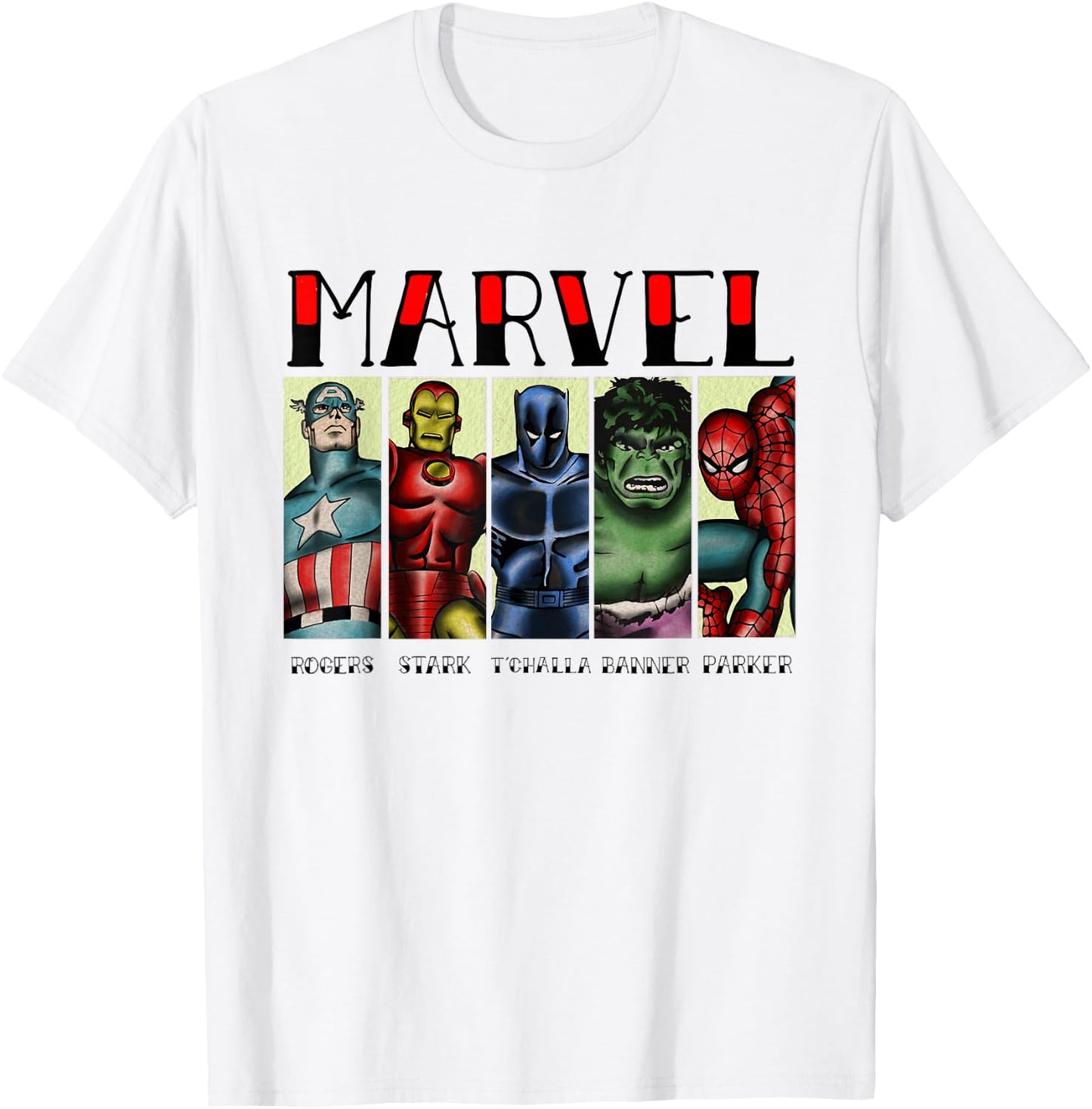 Marvel Avengers and Spider-Man Super Hero Real Names Retro T-Shirt - T-Shirt | White