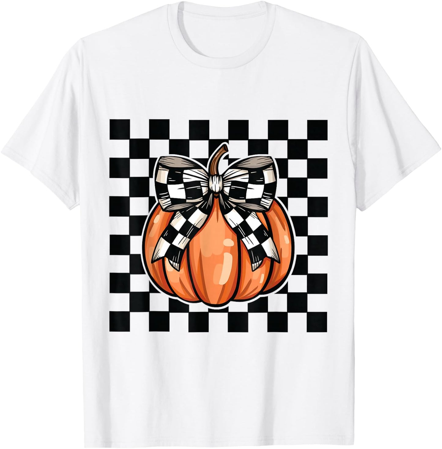 Checkered Halloween pumpkin cute coquette bow aesthetic girl T-Shirt - T-Shirt | White