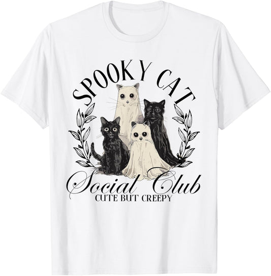 Spooky Cat Social Club Ghost Cat Halloween Gothic Black Cat Men Women Kids T-Shirt - T-Shirt | White
