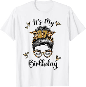 37 Years Old Girl 37th Birthday Messy Bun Happy Birthday 37 T-Shirt - T-Shirt | White