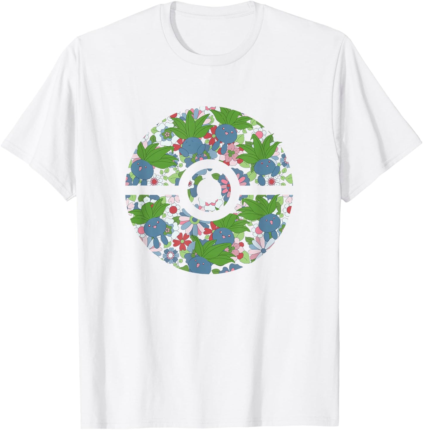Pokémon Cute Oddish & Flowers Pattern Poké Ball Logo T-Shirt - T-Shirt | White