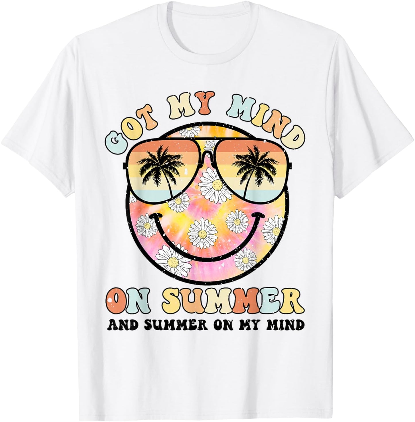Groovy Happy Face Summer Vibes Got My Mind On Summer Teacher T-Shirt - T-Shirt | White