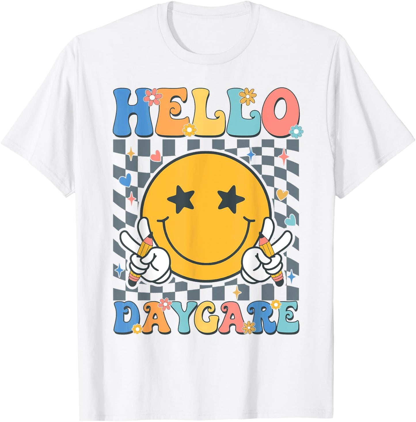 Hello Daycare Team Groovy Back To School Daycare Teacher Kid T-Shirt - T-Shirt | White