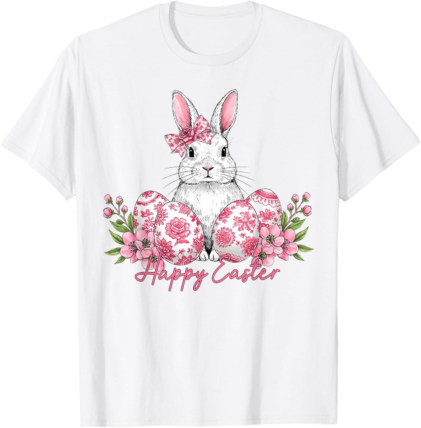 Happy Easter Chinoiserie Eggs Florals Bunny Coquette Bow T-Shirt - T-Shirt | White
