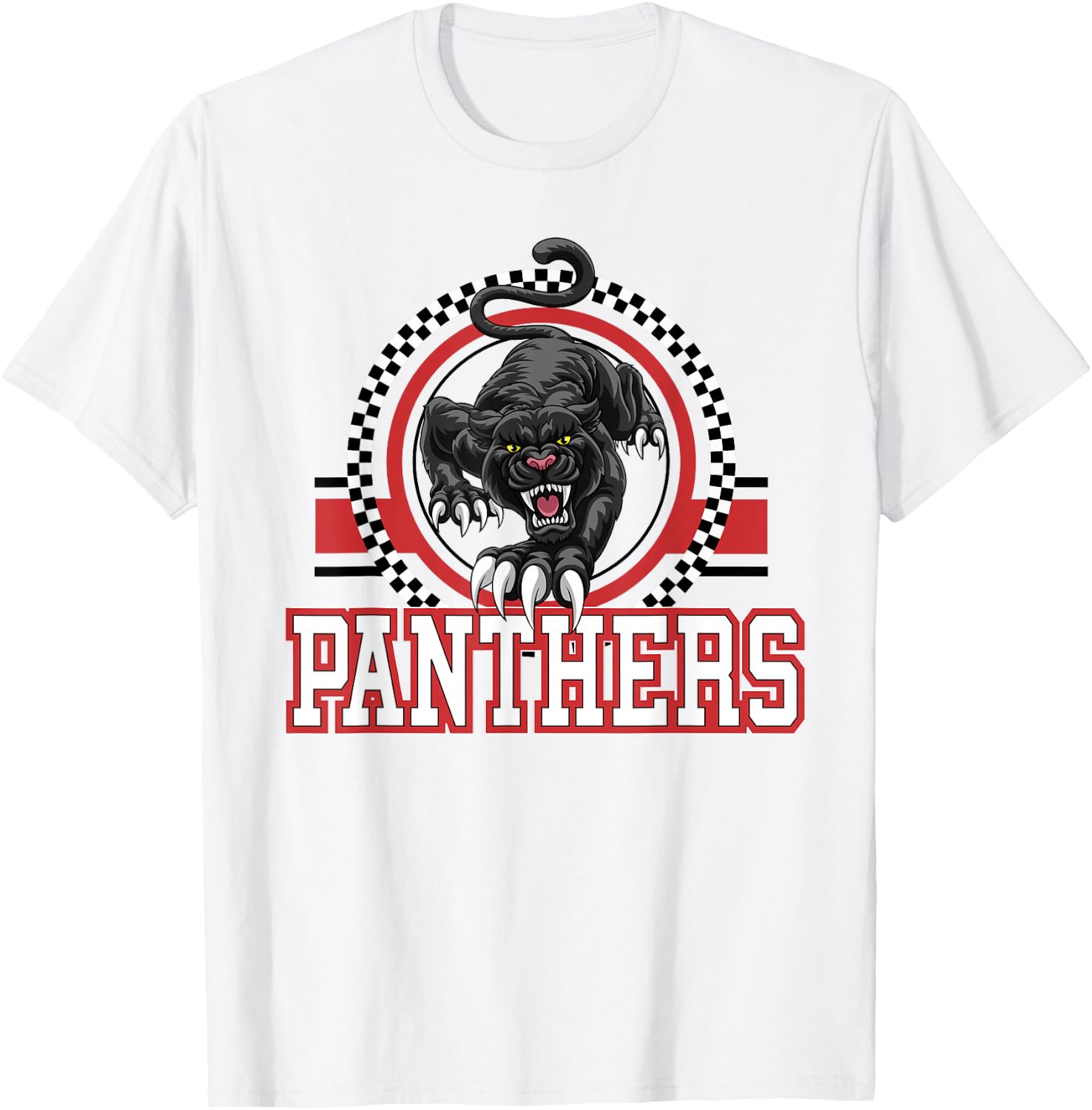 Panthers School Spirit Checkered Print Mascot Red Panther T-Shirt - T-Shirt | White