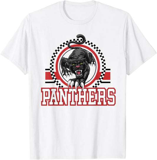 Panthers School Spirit Checkered Print Mascot Red Panther T-Shirt - T-Shirt | White
