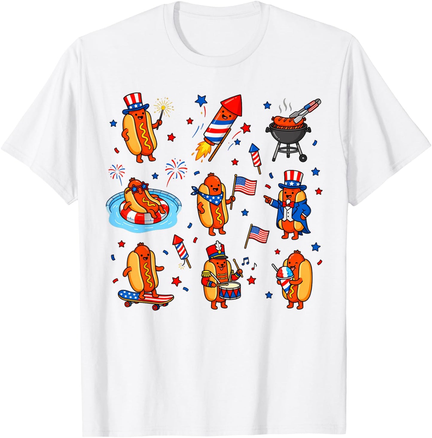 Hot Dog, American Flag Fireworks 4th of July T-Shirt - T-Shirt | White