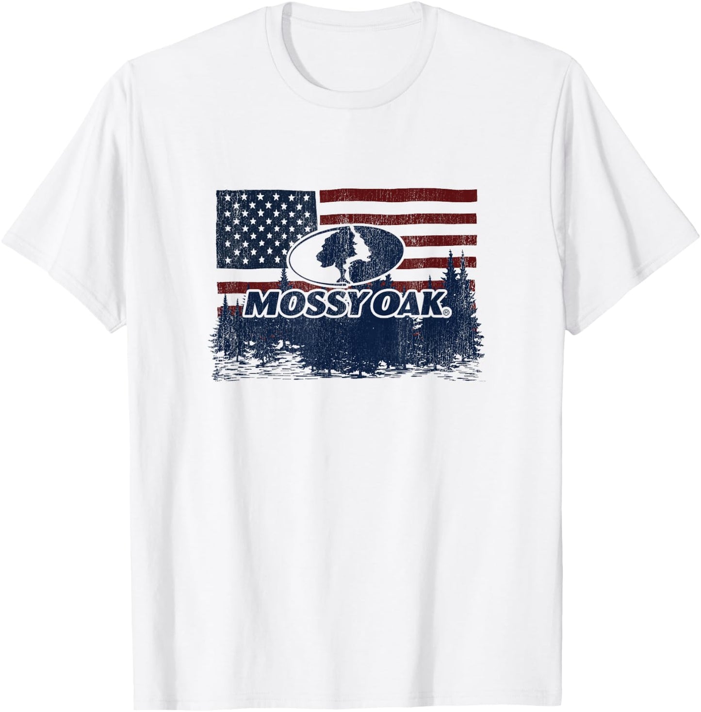 Mossy Oak 4th Of July American Flag Forest Distressed Logo T-Shirt - T-Shirt | White