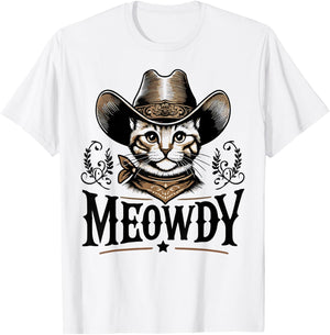 Meowdy Funny Cat Wearing Cowboy Hat Vintage Western Country T-Shirt - T-Shirt | White