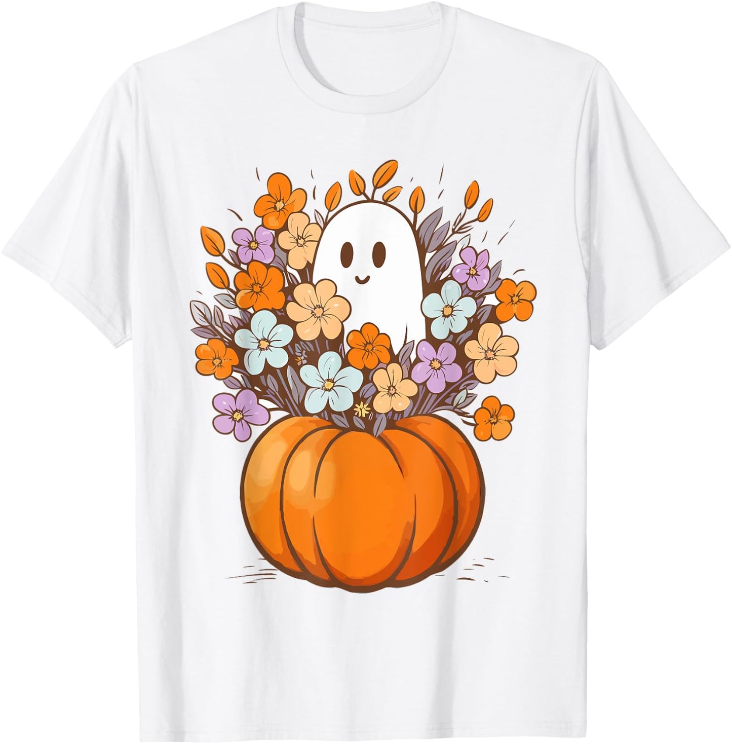 Floral Ghost Halloween Costume Aesthetic Ghost Pumpkin Fall T-Shirt - T-Shirt | White