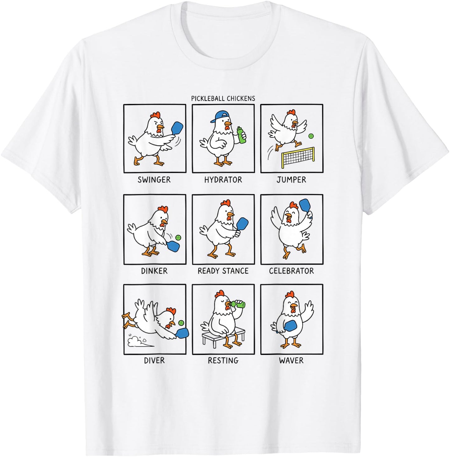 Funny Pickleball Chicken Cartoon Players Paddle Humor Art T-Shirt - T-Shirt | White