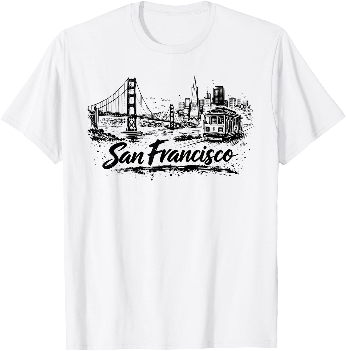 San Francisco City Skyline Cable Car Drawing T-Shirt - T-Shirt | White