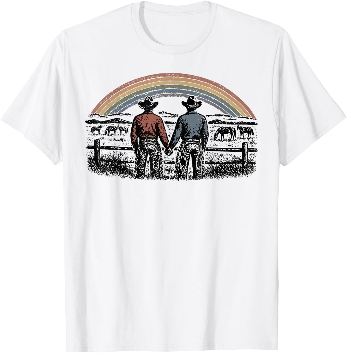 Retro Rainbows Rodeos Western Gay Cowboy LGBTQ Pride Month T-Shirt - T-Shirt | White