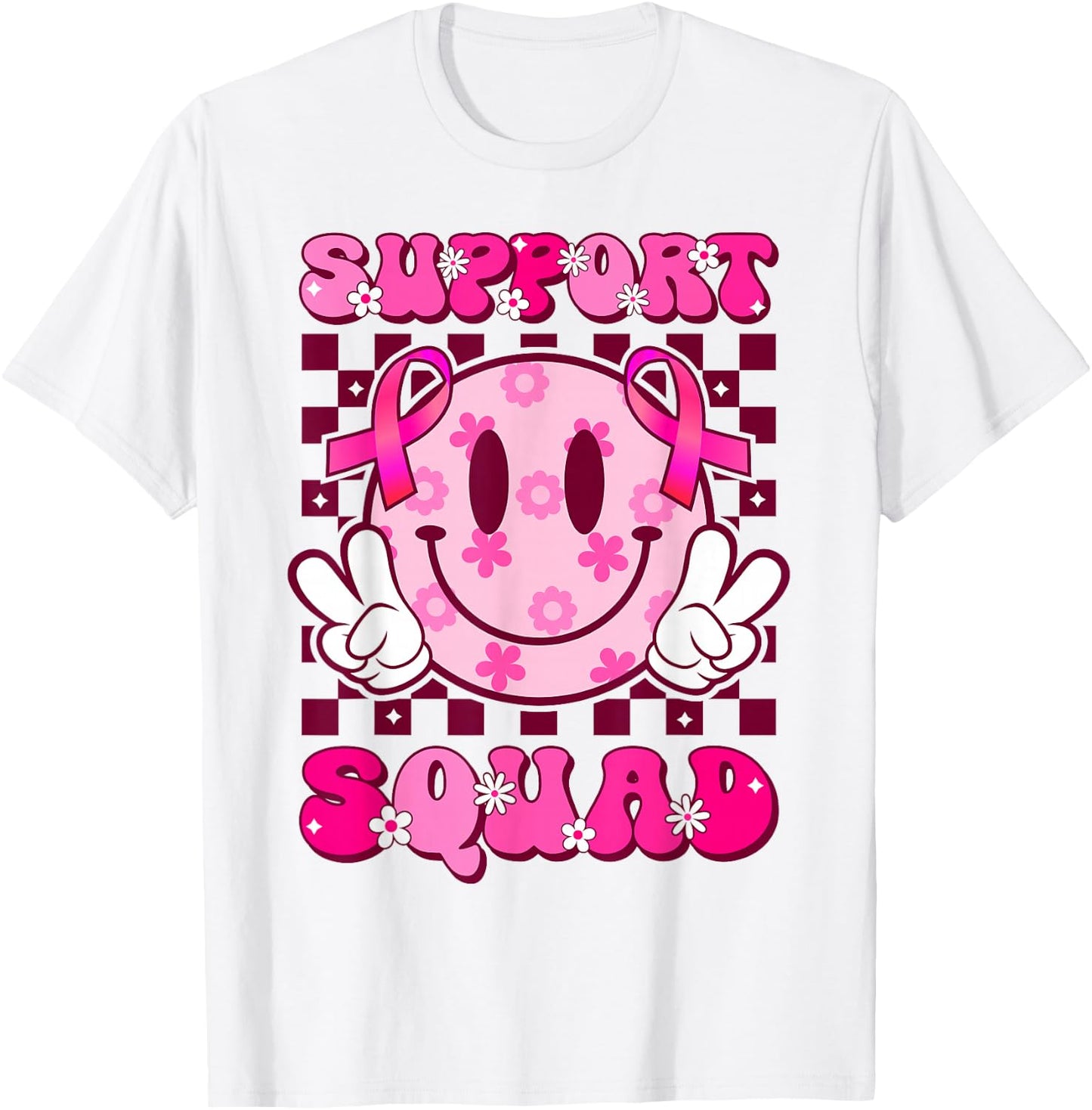 Groovy Smile Face Pink Ribbon Support Squad Breast Cancer T-Shirt - T-Shirt | White