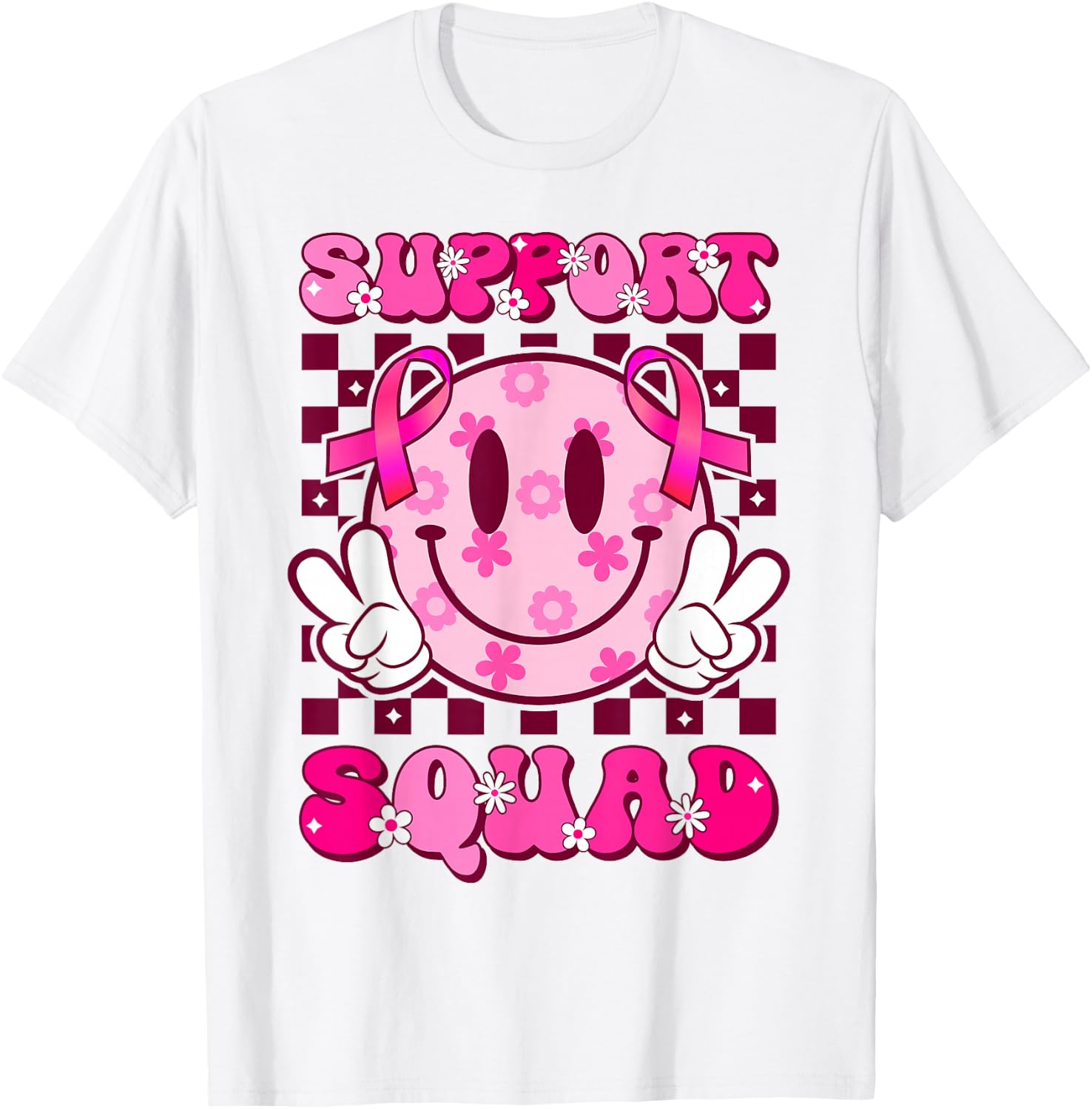 Groovy Smile Face Pink Ribbon Support Squad Breast Cancer T-Shirt - T-Shirt | White