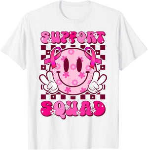 Groovy Smile Face Pink Ribbon Support Squad Breast Cancer T-Shirt - T-Shirt | White