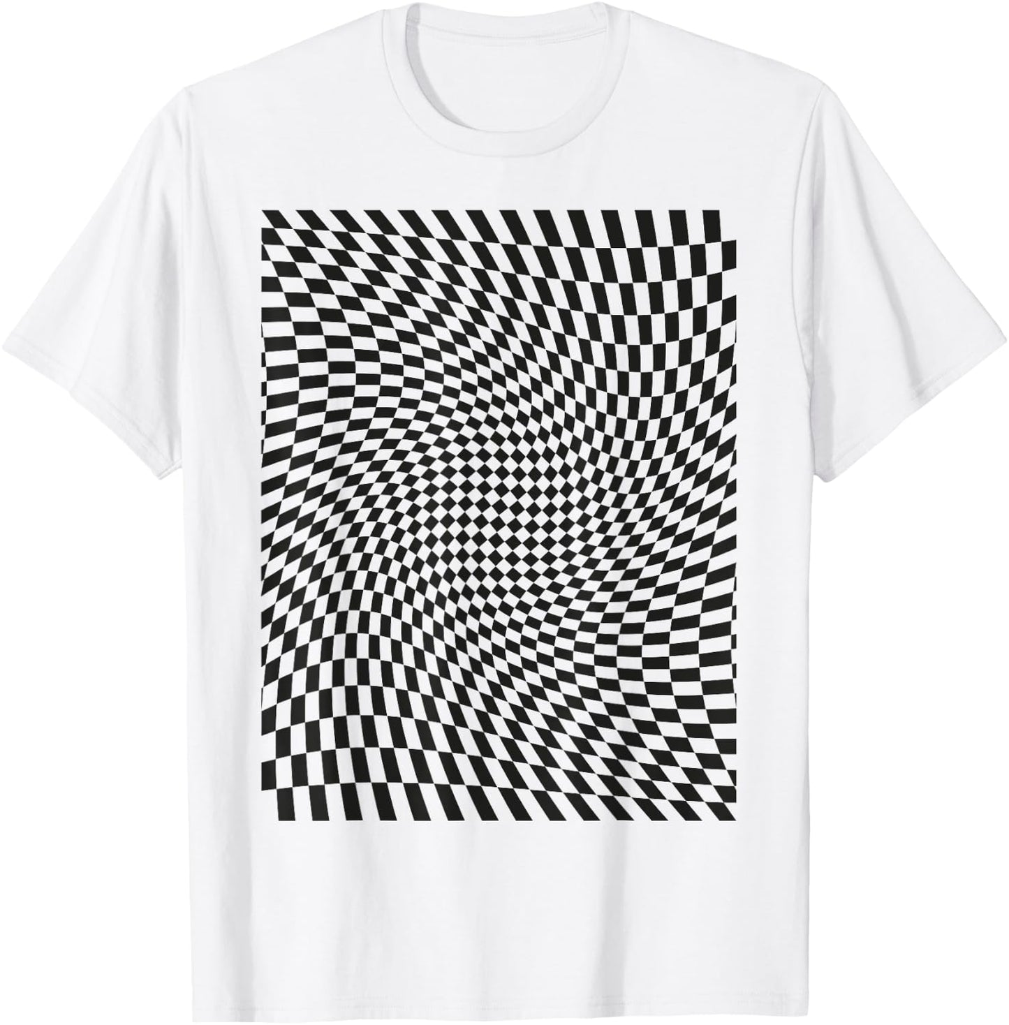 Optical Illusion Geometric Checkerboard Wavy T-Shirt - T-Shirt | White