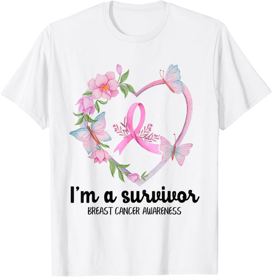 I'm A Survivor Breast Cancer Awareness Pink Ribbon Heart T-Shirt - T-Shirt | White