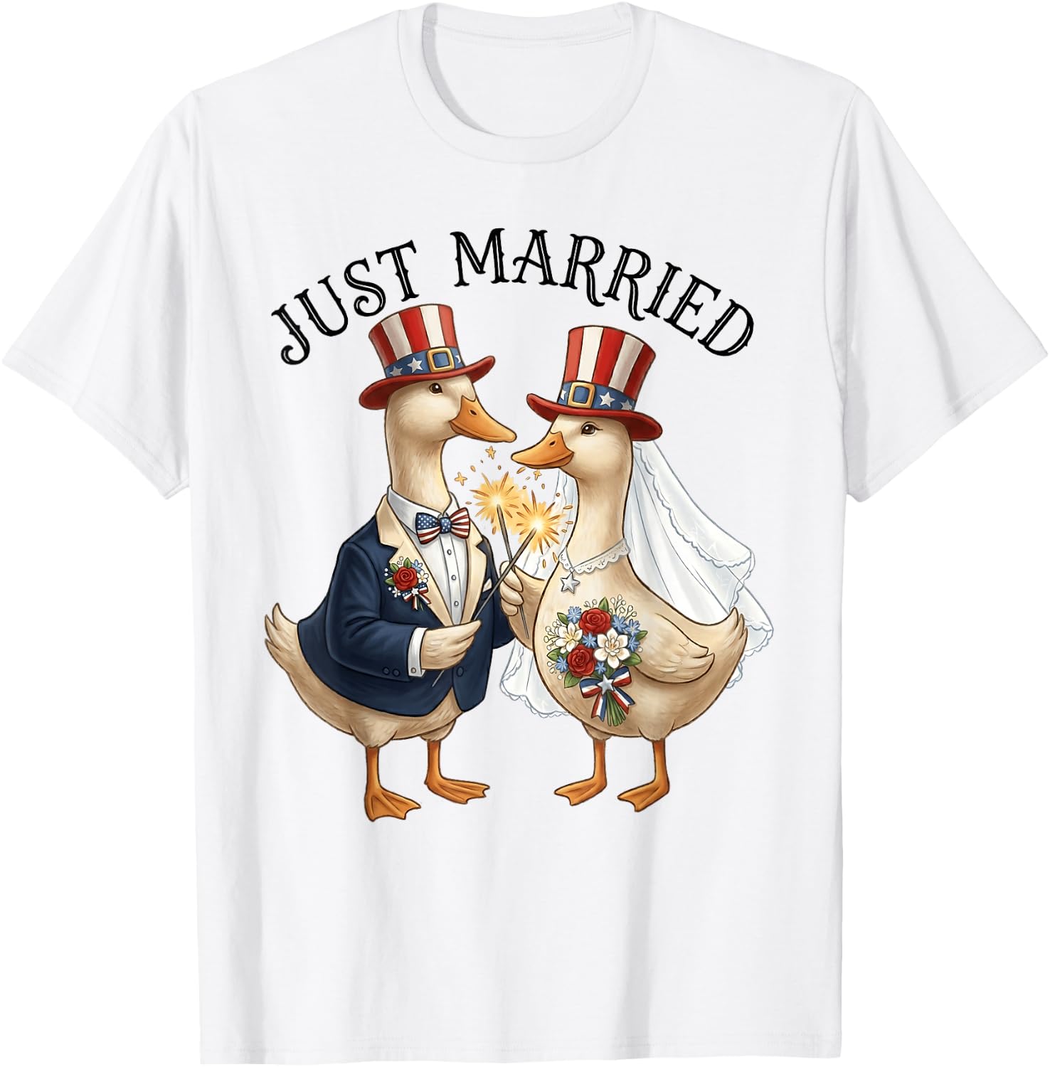 Just Married Patriotic Duck Couple Funny 4th of July Brided T-Shirt - T-Shirt | White