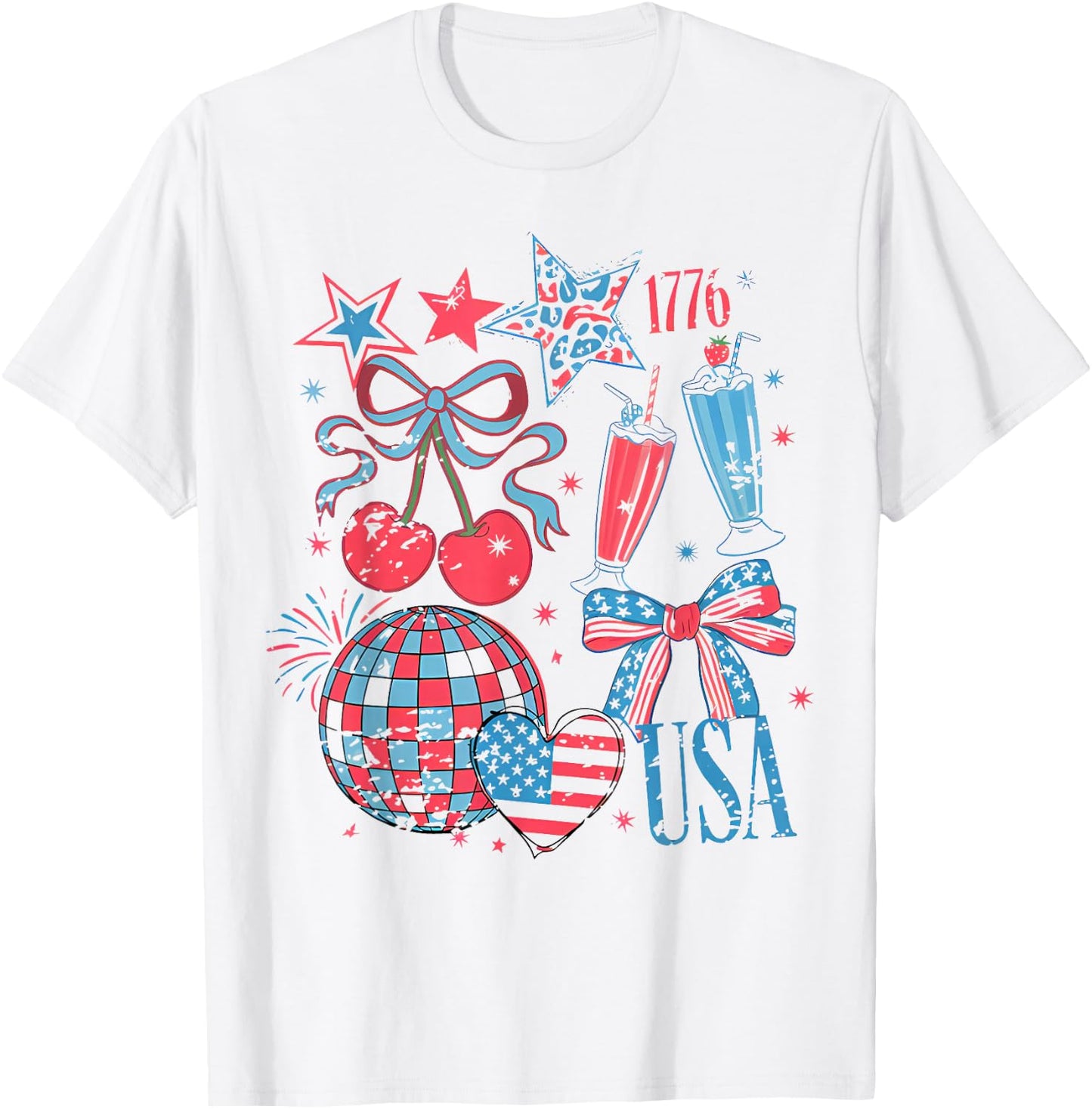 Retro USA Coquette Cherry Bow 4th of July American Girl T-Shirt - T-Shirt | White