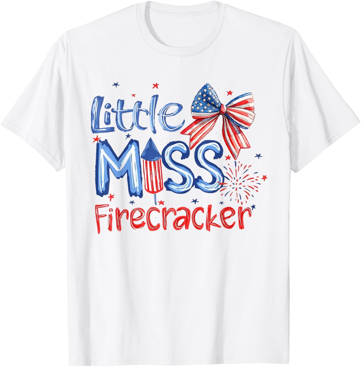 Coquette Bow Little Miss Firecracker US Flag 4th of July T-Shirt - T-Shirt | White