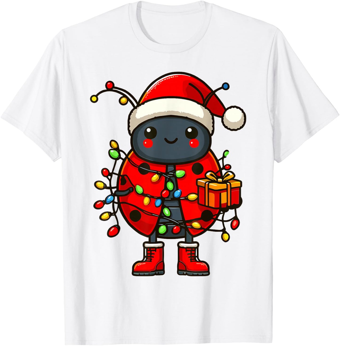 Ladybug Wearing Santa Hat, Holding A Present Box Xmas T-Shirt - T-Shirt | White
