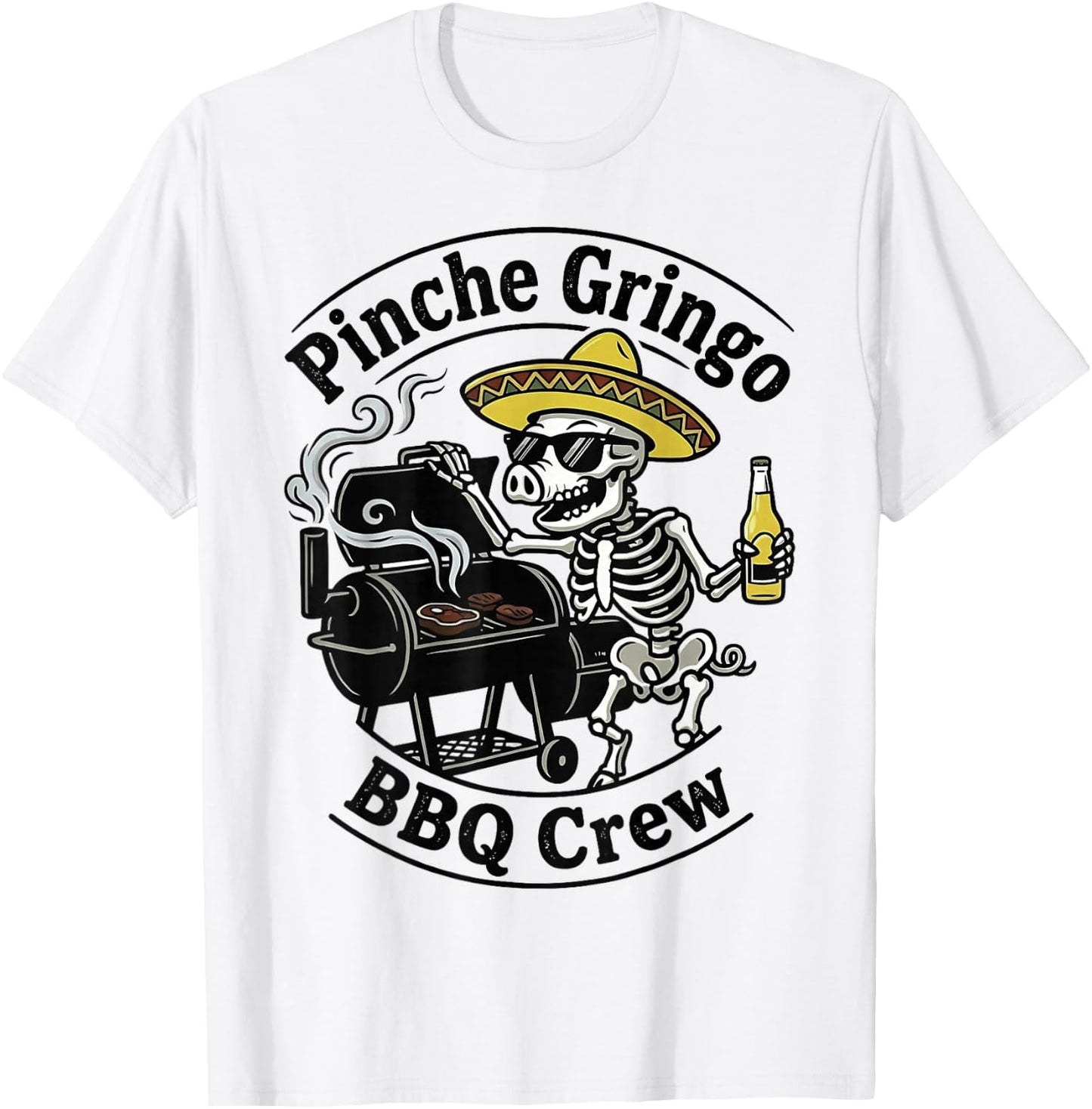 Pinche Gringo BBQ Crew Skeleton Pig T-Shirt - T-Shirt | White