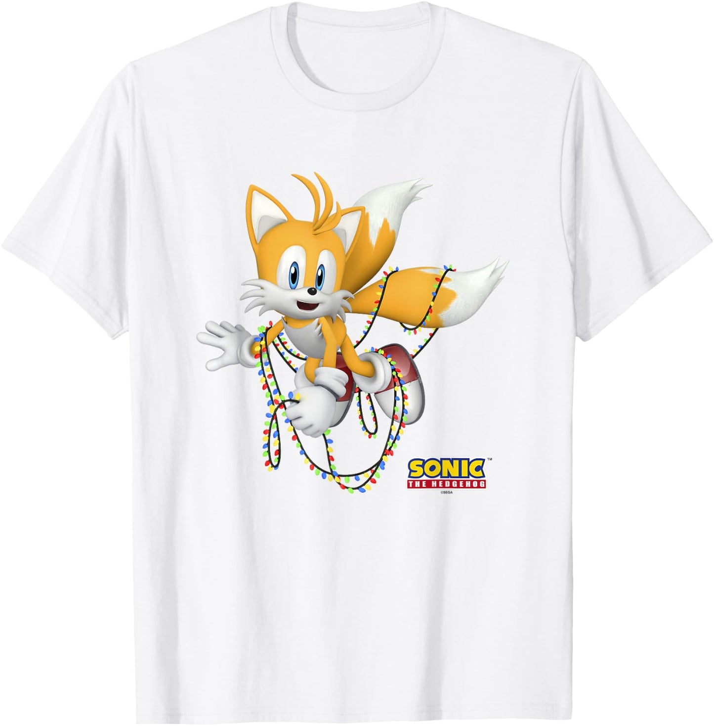 Sonic The Hedgehog Christmas Tails Tangled In Lights T-Shirt - T-Shirt | White